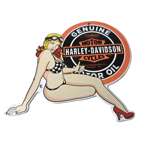 Vintage Harley Davidson Motorcycles Sign - Racing Girl Porcelain Gas Pump Sign