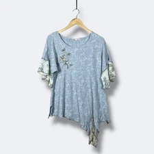 Spencer Alexis Asymmetrical Tunic Top Women 3X Fits XL Blue Jacquard Floral Boho