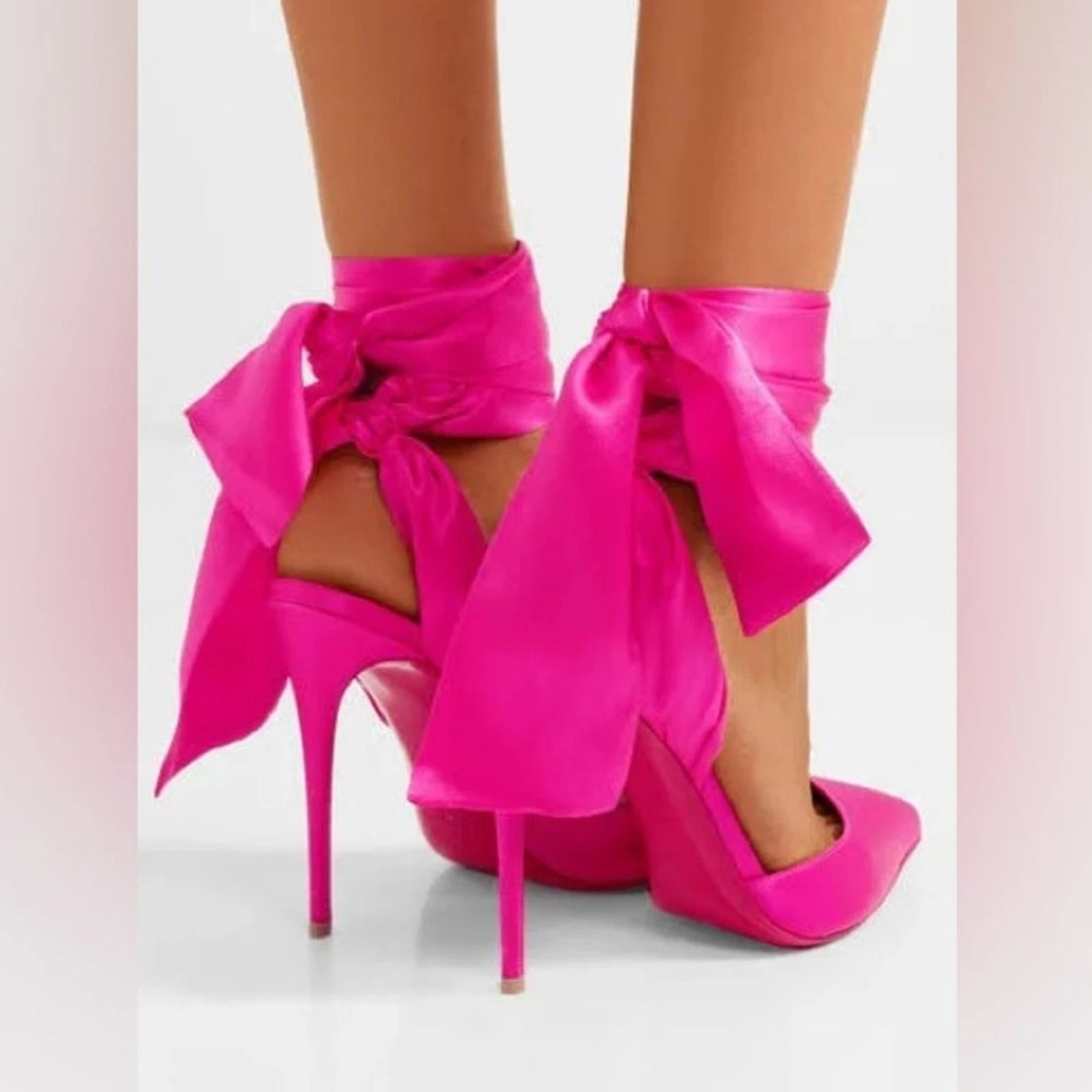 Christian Louboutin — CHRISTIAN LOUBOUTIN Satin Douce Du Desert 100 Heels Rose Pink Ankle Tie EU37 US7