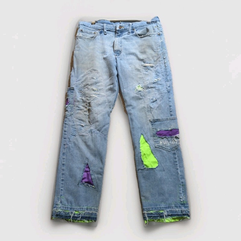 Evangelion Custom Thrashed Distressed Baggy Jeans Patchwork Anime Upcycle Rare