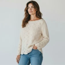 Ann Taylor Open Knit Leaf Stitch Sweater in Wool-Angora Blend - S | Small