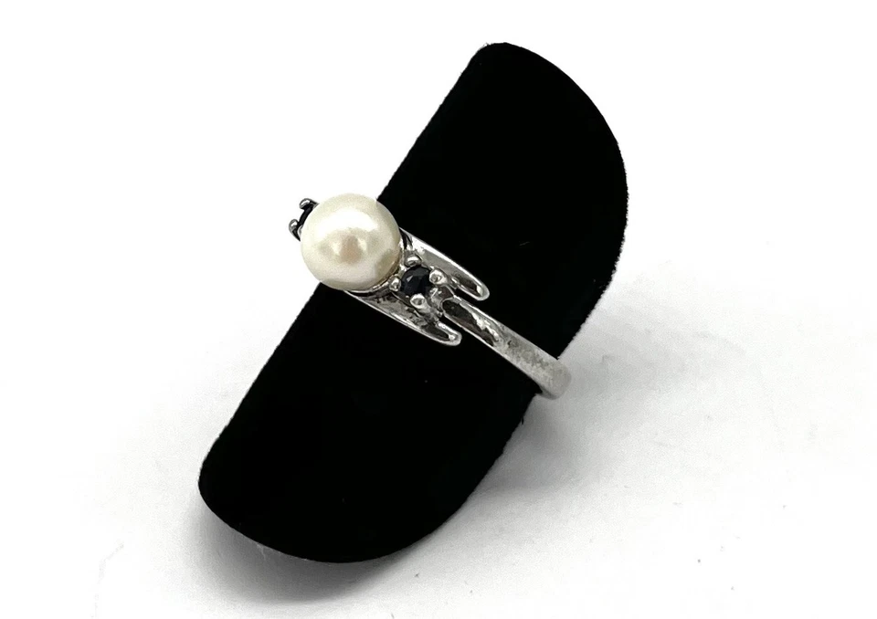 925/- Silber Ring, Perle, Saphire, rund, Muster, Gr. 54, Sterlingsilber - Bild 2 von 3