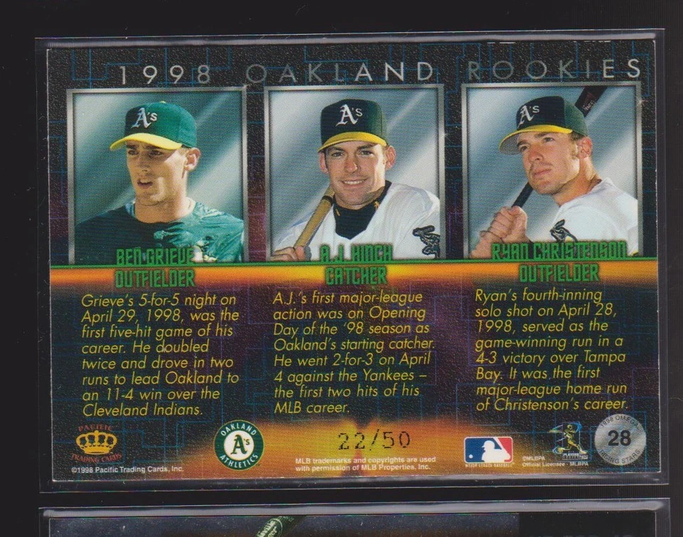 1998 PACIFIC OMEGA RISING STARS TIER EMERALD #28 BEN GRIEVE/AJ HINCH A'S RC #/50 - Image 2 of 2