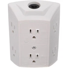 6 Outlet grounded WALL TAP White w/ circuit breaker receptacle adapter GE 56575