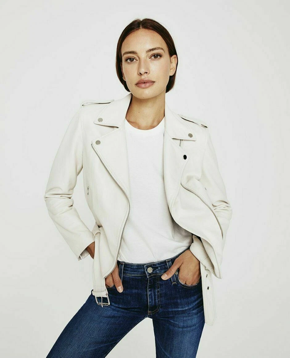 White Leather Jacket Women Pure Lambskin Moto Size S M L XL XXL Custom Made 447