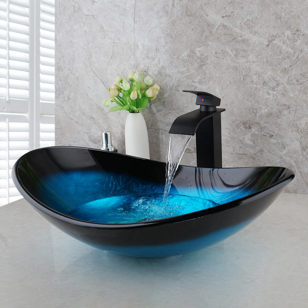 HM HomeMieco Oval Above Counter Vessel Sink Set – Tempered Glass Blue & Black Basin With Matte Black Faucet, Pop-Up Drain & Mounting Ring