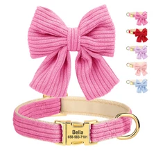 Cute Bowknot Dog Collar Personalized Name ID Engraved Soft Velvet Adjustable S M