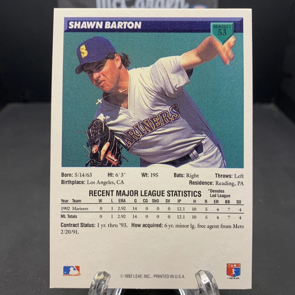1993 Donruss Shawn Barton Rookie Seattle Mariners #53 - Image 2 of 2