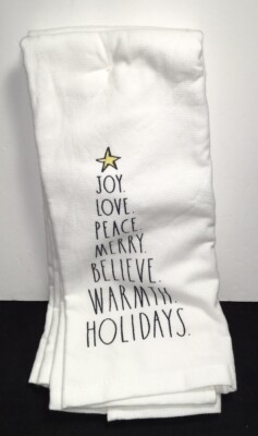 RAE DUNN CHRISTMAS TREE Kitchen HAND TOWELS 2 Pack Joy Love Peace NWT
