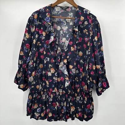 Lauren Ralph Lauren Shirt Top Womens 3X Navy Blue Ruffle Floral Cottage Western