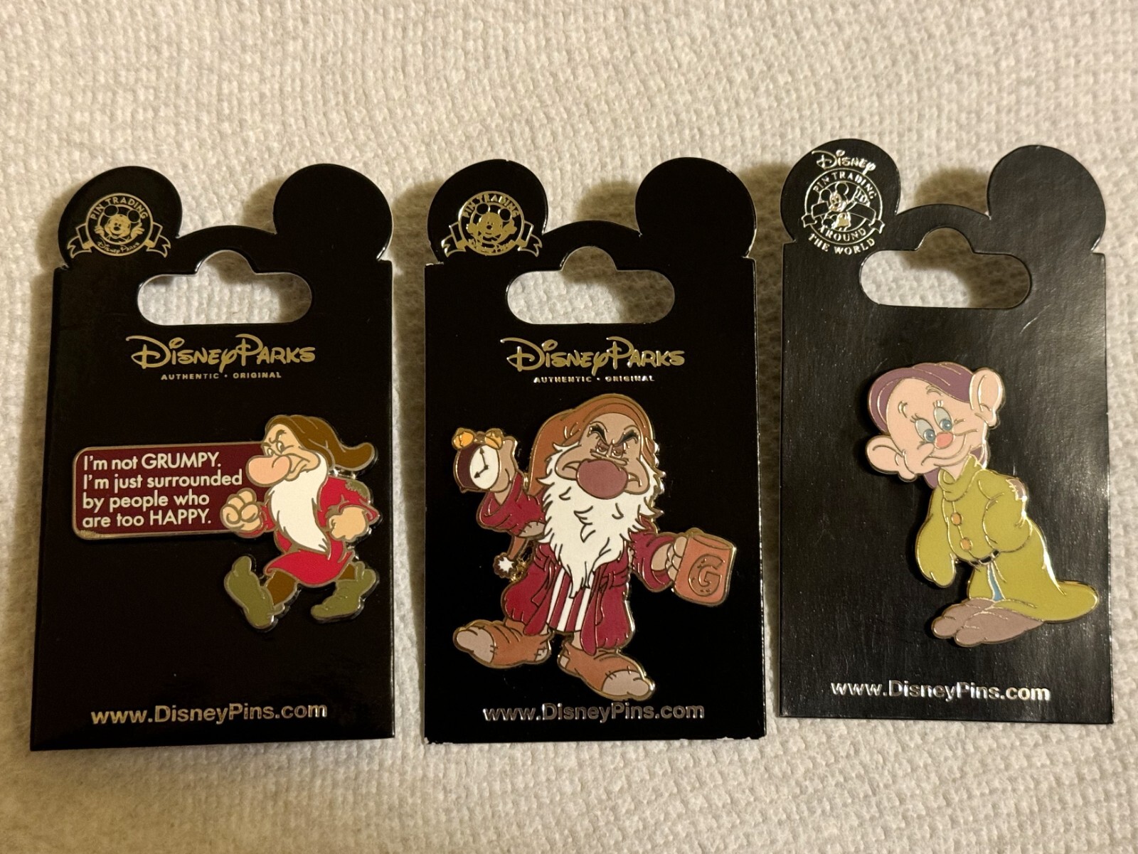 Disney Pins New Grumpy -I'm Not Grumpy-I Hate Mornings, Dopey Smiling