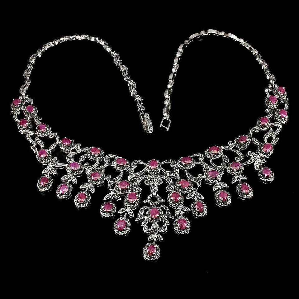 NATURAL RUBY, MARCASITE 14K GOLD over STERLING SILVER 925 NECKLACE 18" - Image 2 of 4