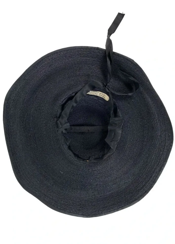 Rose Descat 20 世纪 30 年代复古黑色丝绸蝴蝶结和草宽边帽 — 第 2/4 张图片