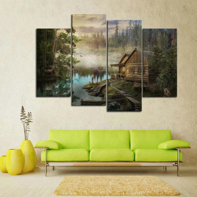 Arte de pared en lienzo con impresión de múltiples paneles Cabaña en el lago Mountain Country 5 piezas Foto 2 de 4