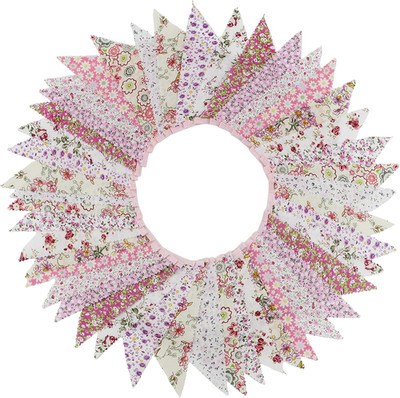 15M/50Ft Triangle Bunting Banner, 45 Pcs Pink Cotton Fabric Flags Vintage Garlan