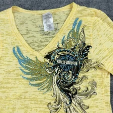 Harley Davidson T Shirt Womens 3XL Yellow Rhinestones Short Sleeve V Neck