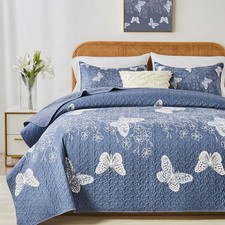Full Queen Size Quilt Set,White Butterfly Botanical Pattern Blush Grey Beddin...