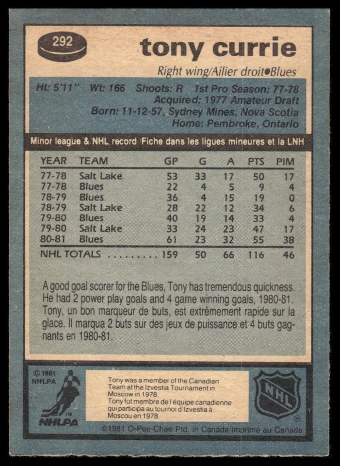 1981-82 O-Pee-Chee #292 Tony Currie St. Louis Blues - Image 2 of 2
