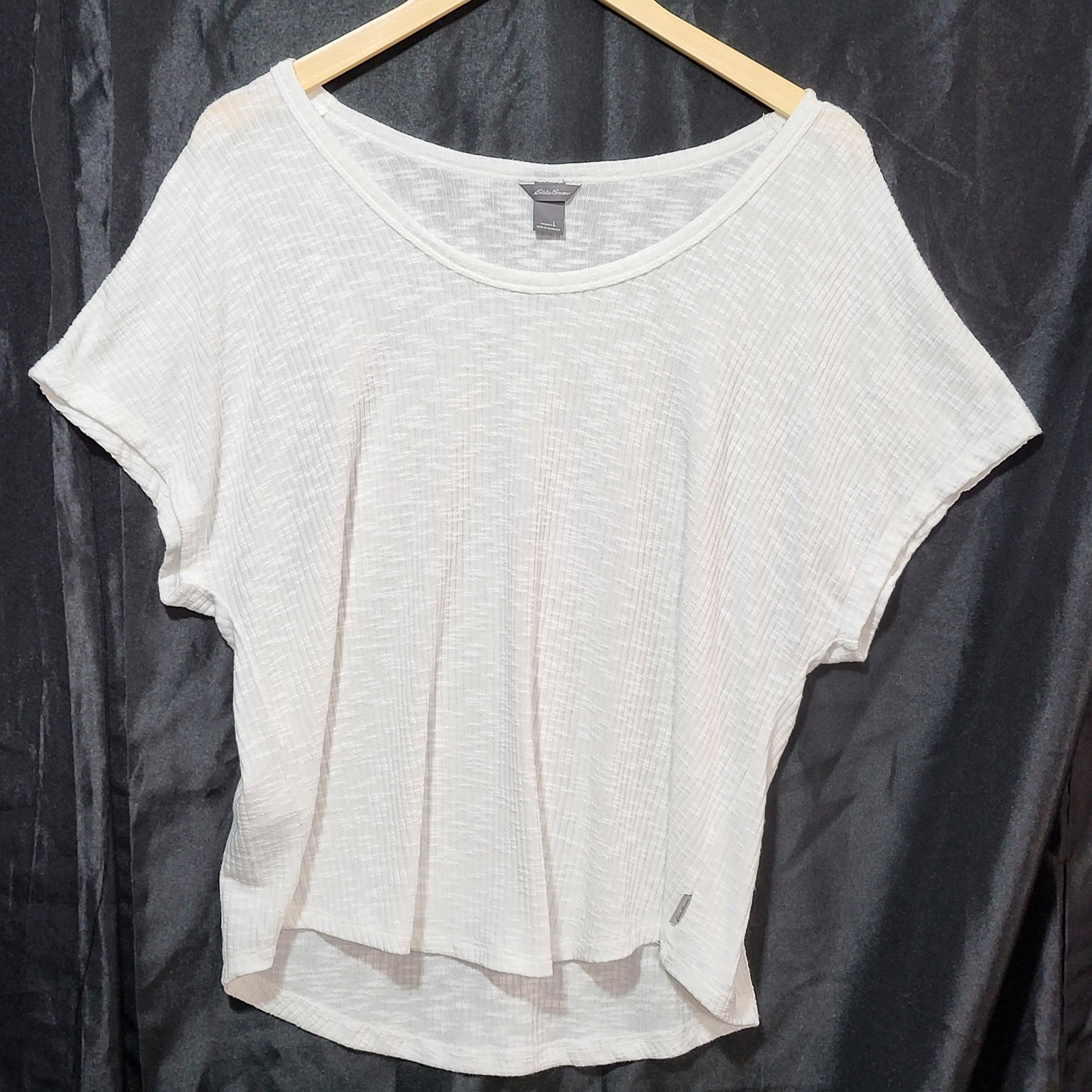 Eddie Bauer Women White Textured Slub Knit Scoop Neck Relaxed T-Shirt Large