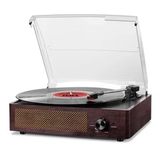 3-Speed Brown Vinyl Record Player Bluetooth Turntable with Built-in Speakers
