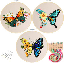 3 Pack Embroidery Starter Kit with Pattern, Flowers Butterfly Stamped Embroidery