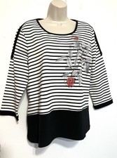 tango mango tunic top XL Pullover white black stripe floral accent 3/4 Sleeve