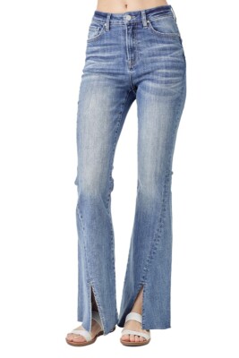 RISEN High Rise Front Slit Twisted Hem Flare Jeans Bell Bottom New! Size 1 | 25