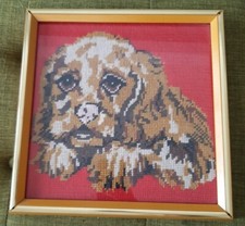 Vintage Needlepoint Cocker Spaniel Dog Completed in Square Wooden Frame