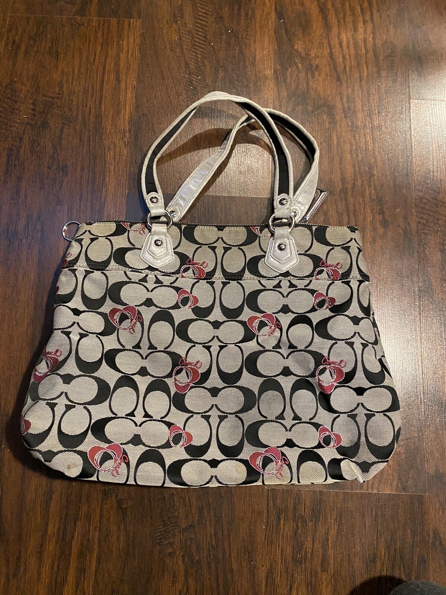 COACH Poppy Signature Hearts Glam Grey/ Black Canvas Large Tote