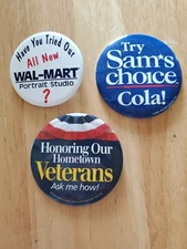 3 WALMART Pinback Buttons Sam's Choice Cola Honoring Veterans Photo Wal-Mart 