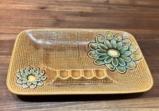 Mid Century Modern Retro Mustard Ashtray W/Basket Design & Green Dahlias Japan