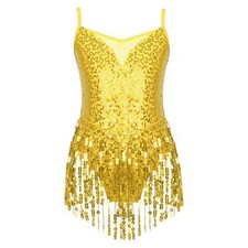 UK Kid's Girls Sequins Tassel Latin Dance Dress Jazz Modern Leotard Performance