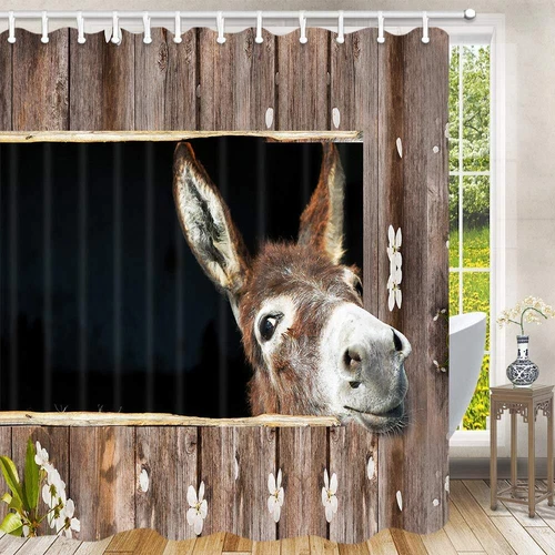 Funny Donkey Fabric Shower Curtain Waterproof 3D Rustic Bathroom Decor with Hook - Picture 2 of 10