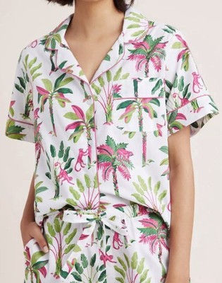 PRINTFRESH Palms Pajama Shirt Size 2X Monkey Button Up Cotton Anthropologie Top