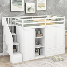 Functional Loft Bed with 3 Shelves, 2 Wardrobes and 2 Drawers,  Ladder with Stor