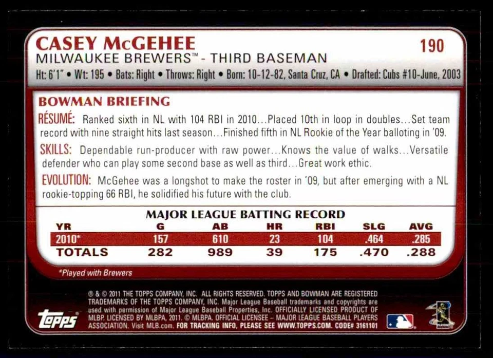 2011 Bowman Gold Casey McGehee Milwaukee Brewers #190 - Image 2 of 2