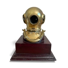 Vintage  Brass Deep Dive Miniature Scuba Helmet On Wood Stand Made in India