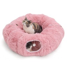 Plush Cat Tunnel Bed Soft Cushion Play Cave Hanging Balls Pink Foldable