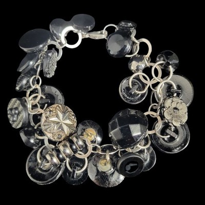 Vintage Black Button Charm Bracelet - Glass Jet & Silver Tone Artisan Jewelry