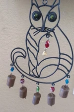 Cute Cat Iron WindChime with Glass Eyes & Rustic Bells With Glass Beads