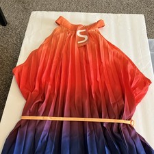 Sxideccql High Neck Sunset Dress Sleeveless Pleated Blue Orange Size XXL C121