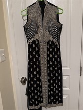 Wedding Eid 3 Piece Shalwar Kameez Pakistani Indian Beaded Black Silver 36 Chest