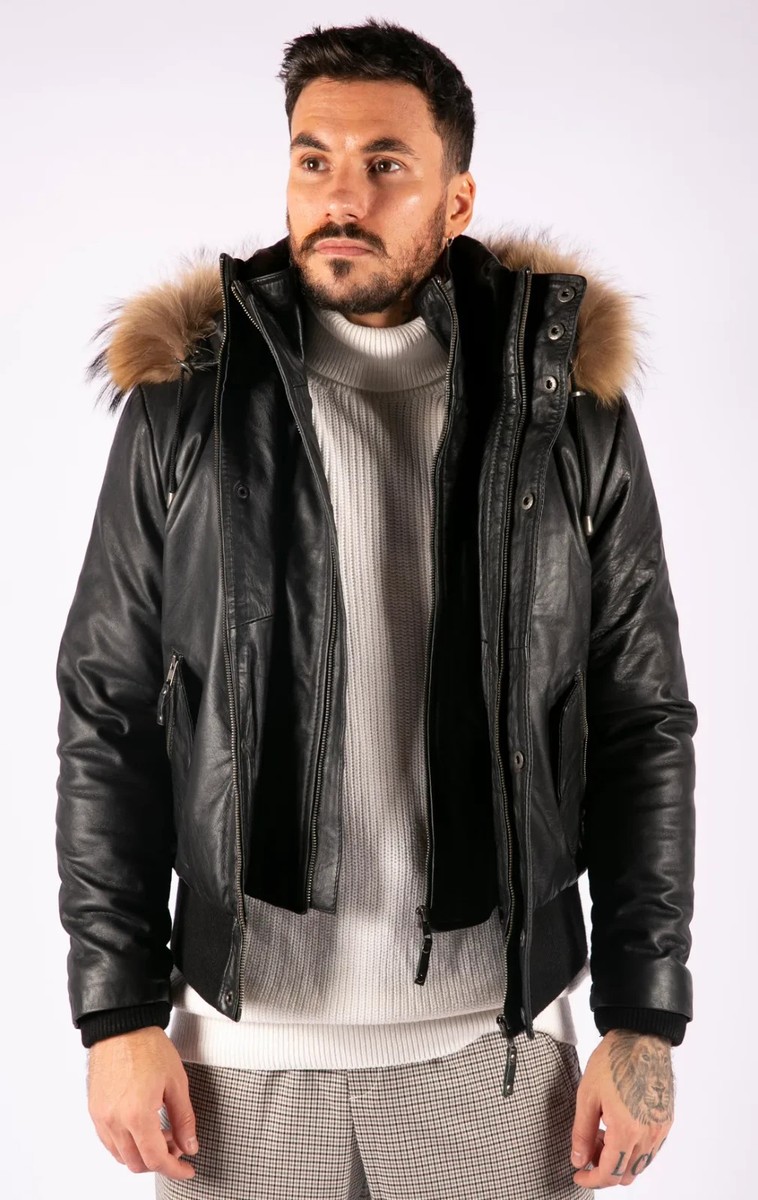Men's Real Lambskin Leather Jacket Removable Fur Hood Black Bomber