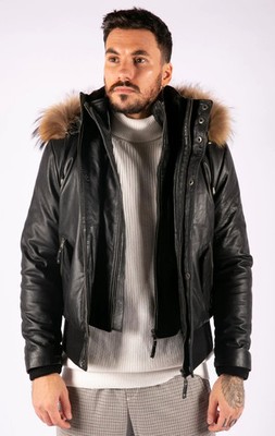 Men's Real Lambskin Leather Jacket Removable Fur Hood Black Bomber