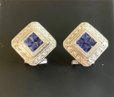 18k 750 white Gold Marked RT Ceylon Sapphire square Diamond earrings