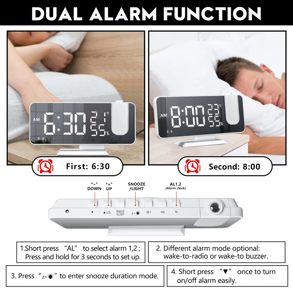Desk Dual Alarm Clock LCD LED Digital Time Projection FM Radio Snooze Timer USA - Image 4 of 4