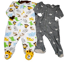 2 Infant Baby Sleepers Gerber 0-3M Gray w/ Bear Carters 6M White w/ Animals Nice