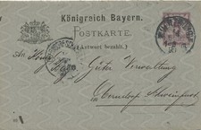 BAYERN "WUERZBURG I" K1 5 Pf GA-ANTWORTTEIL-Postkarte 1890 OBERNDORF-SCHWEINFURT