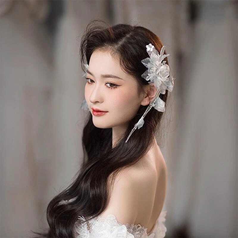 Hecho a mano 1 par de pinzas para el cabello laterales de hadas flor elfo con cadena de borla prendas para la cabeza nupcial Foto 2 de 4