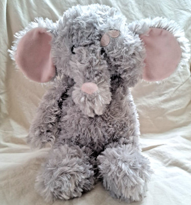 Aurora World Gray Elephant Plush Animal Paw on Face Pink Ears Fuzzy 10'' Sitting